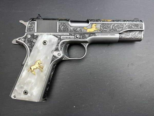 Colt 1911 .45 ACP Engraved Scroll Rampant Colt Gold Plated