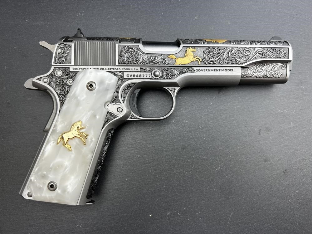 Colt 1911 .45 ACP Engraved Scroll Rampant Colt Gold Plated – Elavion